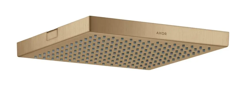 Duschkopf in rechteckiger Form mit strukturiertem Wasserfluss, in matter Bronzeoptik, gefertigt von AXOR.